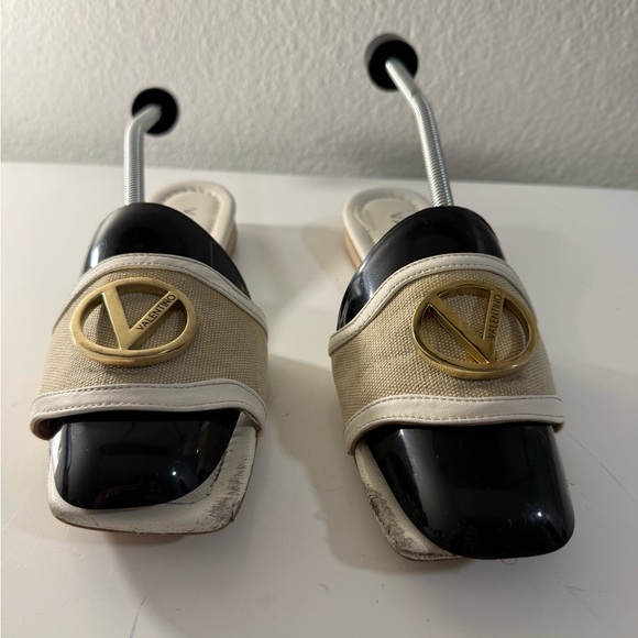 Valentino Shoes - Valentino Black and Cream Slide Sandals with Gold Accent